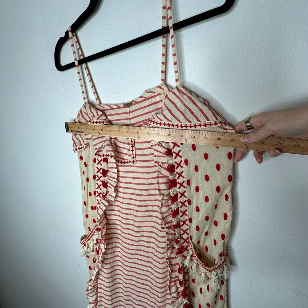 DODO BAR Tan & Red Stripe Polka Dot Ruffle Fringe Maxi Boho Resort Dress S - Picture 14 of 14